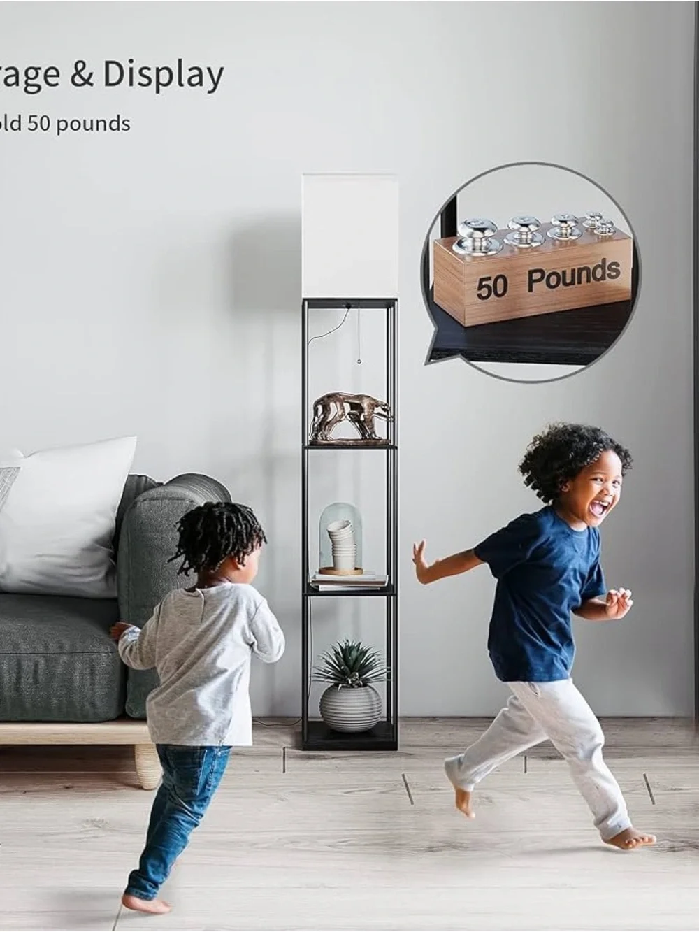 Modern Black Floor Lamp with White Shade and Shelves